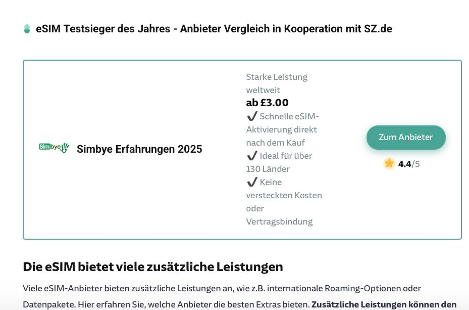 Süddeutsche Zeitung — Simbye named eSIM test winner of the year