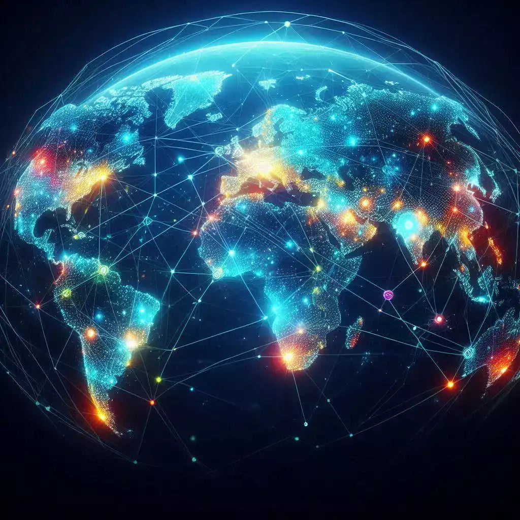 A world map with glowing connections between various countries, highlighting the concept of global connectivity. The image should feature a modern design with vibrant lines or dots connecting different continents, representing a global network. Theme: Global network, connectivity, modern technology.