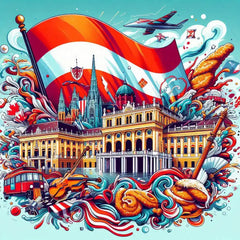 the essence of Austria, with vibrant colors and elements that represent the continent's diverse cultures, wildlife and landscapes. Incorporate iconic symbols such as traditional natural features. The style should be a harmonious mix of abstract and realistic imagery to convey a sense of the rich diversity of African heritage.