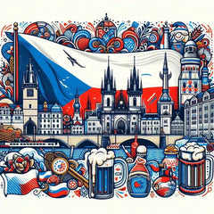 the essence of Czech Republic, with vibrant colors and elements that represent the continent's diverse cultures, wildlife and landscapes. Incorporate iconic symbols such as traditional natural features. The style should be a harmonious mix of abstract and realistic imagery to convey a sense of the rich diversity of African heritage.