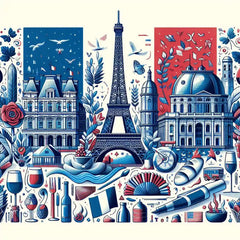 the essence of France, with vibrant colors and elements that represent the continent's diverse cultures, wildlife and landscapes. Incorporate iconic symbols such as traditional natural features. The style should be a harmonious mix of abstract and realistic imagery to convey a sense of the rich diversity of African heritage.