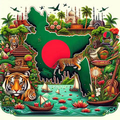 the essence of Bangladesh, with vibrant colors and elements that represent the continent's diverse cultures, wildlife and landscapes. Incorporate iconic symbols such as traditional natural features. The style should be a harmonious mix of abstract and realistic imagery to convey a sense of the rich diversity of African heritage.