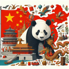 the essence of China, with vibrant colors and elements that represent the continent's diverse cultures, wildlife and landscapes. Incorporate iconic symbols such as traditional natural features. The style should be a harmonious mix of abstract and realistic imagery to convey a sense of the rich diversity of African heritage.