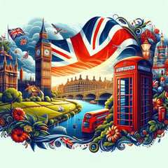 the essence of United Kingdom, with vibrant colors and elements that represent the continent's diverse cultures, wildlife and landscapes. Incorporate iconic symbols such as traditional natural features. The style should be a harmonious mix of abstract and realistic imagery to convey a sense of the rich diversity of African heritage.