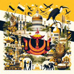 the essence of Brunei Darussalam, with vibrant colors and elements that represent the continent's diverse cultures, wildlife and landscapes. Incorporate iconic symbols such as traditional natural features. The style should be a harmonious mix of abstract and realistic imagery to convey a sense of the rich diversity of African heritage.