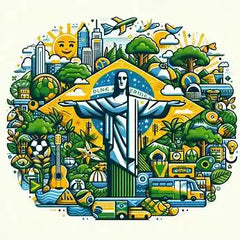 the essence of Brazil, with vibrant colors and elements that represent the continent's diverse cultures, wildlife and landscapes. Incorporate iconic symbols such as traditional natural features. The style should be a harmonious mix of abstract and realistic imagery to convey a sense of the rich diversity of African heritage.