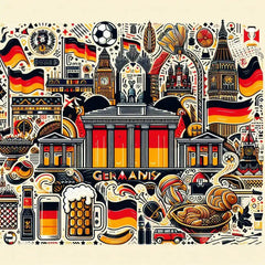 the essence of Germany, with vibrant colors and elements that represent the continent's diverse cultures, wildlife and landscapes. Incorporate iconic symbols such as traditional natural features. The style should be a harmonious mix of abstract and realistic imagery to convey a sense of the rich diversity of African heritage.