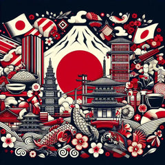 the essence of Japan, with vibrant colors and elements that represent the continent's diverse cultures, wildlife and landscapes. Incorporate iconic symbols such as traditional natural features. The style should be a harmonious mix of abstract and realistic imagery to convey a sense of the rich diversity of African heritage.