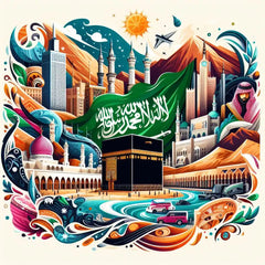 the essence of Saudi Arabia, with vibrant colors and elements that represent the continent's diverse cultures, wildlife and landscapes. Incorporate iconic symbols such as traditional natural features. The style should be a harmonious mix of abstract and realistic imagery to convey a sense of the rich diversity of African heritage.