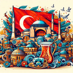 the essence of Turkey, with vibrant colors and elements that represent the continent's diverse cultures, wildlife and landscapes. Incorporate iconic symbols such as traditional natural features. The style should be a harmonious mix of abstract and realistic imagery to convey a sense of the rich diversity of African heritage.