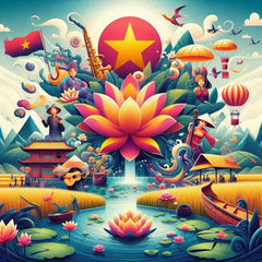 the essence of Vietnam, with vibrant colors and elements that represent the continent's diverse cultures, wildlife and landscapes. Incorporate iconic symbols such as traditional natural features. The style should be a harmonious mix of abstract and realistic imagery to convey a sense of the rich diversity of African heritage.