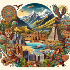 the essence of South America, with vibrant colors and elements that represent the continent's diverse cultures, wildlife and landscapes. Incorporate iconic symbols such as traditional natural features. The style should be a harmonious mix of abstract and realistic imagery to convey a sense of the rich diversity of African heritage.