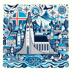 the essence of Iceland, with vibrant colors and elements that represent the continent's diverse cultures, wildlife and landscapes. Incorporate iconic symbols such as traditional natural features. The style should be a harmonious mix of abstract and realistic imagery to convey a sense of the rich diversity of African heritage.