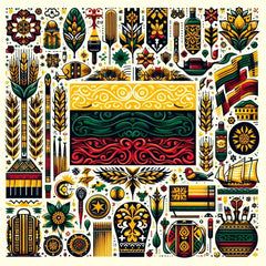 the essence of Lithunaia, with vibrant colors and elements that represent the continent's diverse cultures, wildlife and landscapes. Incorporate iconic symbols such as traditional natural features. The style should be a harmonious mix of abstract and realistic imagery to convey a sense of the rich diversity of African heritage.