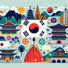 the essence of South Korea, with vibrant colors and elements that represent the continent's diverse cultures, wildlife and landscapes. Incorporate iconic symbols such as traditional natural features. The style should be a harmonious mix of abstract and realistic imagery to convey a sense of the rich diversity of African heritage.