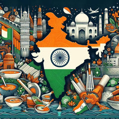 the essence of India, with vibrant colors and elements that represent the continent's diverse cultures, wildlife and landscapes. Incorporate iconic symbols such as traditional natural features. The style should be a harmonious mix of abstract and realistic imagery to convey a sense of the rich diversity of African heritage.