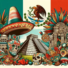 the essence of Mexico, with vibrant colors and elements that represent the continent's diverse cultures, wildlife and landscapes. Incorporate iconic symbols such as traditional natural features. The style should be a harmonious mix of abstract and realistic imagery to convey a sense of the rich diversity of African heritage.