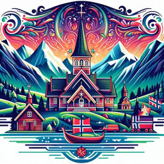 the essence of Norway, with vibrant colors and elements that represent the continent's diverse cultures, wildlife and landscapes. Incorporate iconic symbols such as traditional natural features. The style should be a harmonious mix of abstract and realistic imagery to convey a sense of the rich diversity of African heritage.