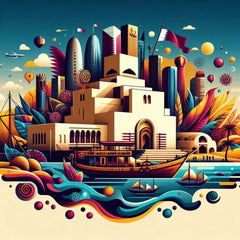 the essence of Qatar, with vibrant colors and elements that represent the continent's diverse cultures, wildlife and landscapes. Incorporate iconic symbols such as traditional natural features. The style should be a harmonious mix of abstract and realistic imagery to convey a sense of the rich diversity of African heritage.