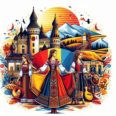 the essence of Romania, with vibrant colors and elements that represent the continent's diverse cultures, wildlife and landscapes. Incorporate iconic symbols such as traditional natural features. The style should be a harmonious mix of abstract and realistic imagery to convey a sense of the rich diversity of African heritage.