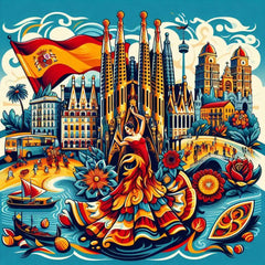 the essence of Spain, with vibrant colors and elements that represent the continent's diverse cultures, wildlife and landscapes. Incorporate iconic symbols such as traditional natural features. The style should be a harmonious mix of abstract and realistic imagery to convey a sense of the rich diversity of African heritage.