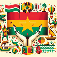 the essence of Burkina Faso, with vibrant colors and elements that represent the continent's diverse cultures, wildlife and landscapes. Incorporate iconic symbols such as traditional natural features. The style should be a harmonious mix of abstract and realistic imagery to convey a sense of the rich diversity of African heritage.