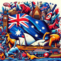 the essence of Australia, with vibrant colors and elements that represent the continent's diverse cultures, wildlife and landscapes. Incorporate iconic symbols such as traditional natural features. The style should be a harmonious mix of abstract and realistic imagery to convey a sense of the rich diversity of African heritage.