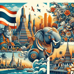 the essence of Thailand, with vibrant colors and elements that represent the continent's diverse cultures, wildlife and landscapes. Incorporate iconic symbols such as traditional natural features. The style should be a harmonious mix of abstract and realistic imagery to convey a sense of the rich diversity of African heritage.