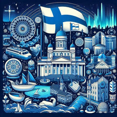 the essence of Finland, with vibrant colors and elements that represent the continent's diverse cultures, wildlife and landscapes. Incorporate iconic symbols such as traditional natural features. The style should be a harmonious mix of abstract and realistic imagery to convey a sense of the rich diversity of African heritage.