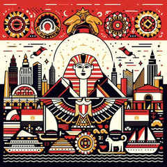 the essence of Egypt, with vibrant colors and elements that represent the continent's diverse cultures, wildlife and landscapes. Incorporate iconic symbols such as traditional natural features. The style should be a harmonious mix of abstract and realistic imagery to convey a sense of the rich diversity of African heritage.