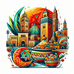 the essence of Morocco, with vibrant colors and elements that represent the continent's diverse cultures, wildlife and landscapes. Incorporate iconic symbols such as traditional natural features. The style should be a harmonious mix of abstract and realistic imagery to convey a sense of the rich diversity of African heritage.