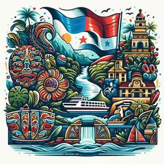 the essence of Panama, with vibrant colors and elements that represent the continent's diverse cultures, wildlife and landscapes. Incorporate iconic symbols such as traditional natural features. The style should be a harmonious mix of abstract and realistic imagery to convey a sense of the rich diversity of African heritage.