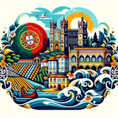 the essence of Portugal, with vibrant colors and elements that represent the continent's diverse cultures, wildlife and landscapes. Incorporate iconic symbols such as traditional natural features. The style should be a harmonious mix of abstract and realistic imagery to convey a sense of the rich diversity of African heritage.