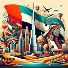 the essence of United Arab Emirates, with vibrant colors and elements that represent the continent's diverse cultures, wildlife and landscapes. Incorporate iconic symbols such as traditional natural features. The style should be a harmonious mix of abstract and realistic imagery to convey a sense of the rich diversity of African heritage.