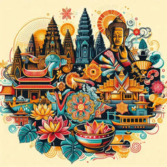 the essence of South east Asia, with vibrant colors and elements that represent the continent's diverse cultures, wildlife and landscapes. Incorporate iconic symbols such as traditional natural features. The style should be a harmonious mix of abstract and realistic imagery to convey a sense of the rich diversity of African heritage.