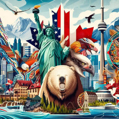 the essence of North America, with vibrant colors and elements that represent the continent's diverse cultures, wildlife and landscapes. Incorporate iconic symbols such as traditional natural features. The style should be a harmonious mix of abstract and realistic imagery to convey a sense of the rich diversity of African heritage.