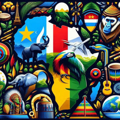 the essence of Central African Republic, with vibrant colors and elements that represent the continent's diverse cultures, wildlife and landscapes. Incorporate iconic symbols such as traditional natural features. The style should be a harmonious mix of abstract and realistic imagery to convey a sense of the rich diversity of African heritage.