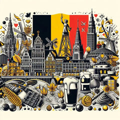 the essence of Belgium, with vibrant colors and elements that represent the continent's diverse cultures, wildlife and landscapes. Incorporate iconic symbols such as traditional natural features. The style should be a harmonious mix of abstract and realistic imagery to convey a sense of the rich diversity of African heritage.