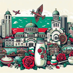 the essence of Bulgaria, with vibrant colors and elements that represent the continent's diverse cultures, wildlife and landscapes. Incorporate iconic symbols such as traditional natural features. The style should be a harmonious mix of abstract and realistic imagery to convey a sense of the rich diversity of African heritage.