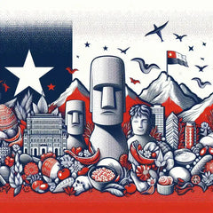 the essence of Chile, with vibrant colors and elements that represent the continent's diverse cultures, wildlife and landscapes. Incorporate iconic symbols such as traditional natural features. The style should be a harmonious mix of abstract and realistic imagery to convey a sense of the rich diversity of African heritage.