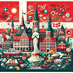 the essence of Denmark, with vibrant colors and elements that represent the continent's diverse cultures, wildlife and landscapes. Incorporate iconic symbols such as traditional natural features. The style should be a harmonious mix of abstract and realistic imagery to convey a sense of the rich diversity of African heritage.