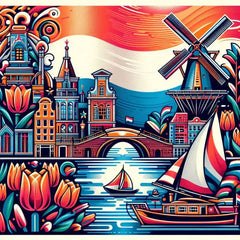 the essence of Netherlands, with vibrant colors and elements that represent the continent's diverse cultures, wildlife and landscapes. Incorporate iconic symbols such as traditional natural features. The style should be a harmonious mix of abstract and realistic imagery to convey a sense of the rich diversity of African heritage.