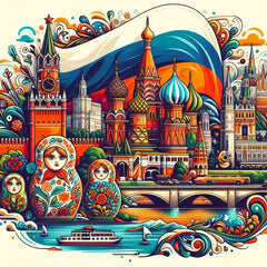 the essence of Russia, with vibrant colors and elements that represent the continent's diverse cultures, wildlife and landscapes. Incorporate iconic symbols such as traditional natural features. The style should be a harmonious mix of abstract and realistic imagery to convey a sense of the rich diversity of African heritage.