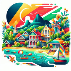 the essence of Seychelles, with vibrant colors and elements that represent the continent's diverse cultures, wildlife and landscapes. Incorporate iconic symbols such as traditional natural features. The style should be a harmonious mix of abstract and realistic imagery to convey a sense of the rich diversity of African heritage.