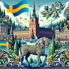 the essence of Sweden, with vibrant colors and elements that represent the continent's diverse cultures, wildlife and landscapes. Incorporate iconic symbols such as traditional natural features. The style should be a harmonious mix of abstract and realistic imagery to convey a sense of the rich diversity of African heritage.