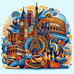 the essence of Europe, with vibrant colors and elements that represent the continent's diverse cultures, wildlife and landscapes. Incorporate iconic symbols such as traditional natural features. The style should be a harmonious mix of abstract and realistic imagery to convey a sense of the rich diversity of African heritage.