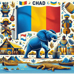 the essence of Chad, with vibrant colors and elements that represent the continent's diverse cultures, wildlife and landscapes. Incorporate iconic symbols such as traditional natural features. The style should be a harmonious mix of abstract and realistic imagery to convey a sense of the rich diversity of African heritage.