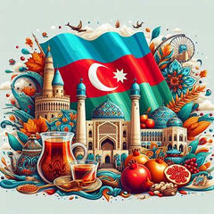 the essence of 
Azerbaijan, with vibrant colors and elements that represent the continent's diverse cultures, wildlife and landscapes. Incorporate iconic symbols such as traditional natural features. The style should be a harmonious mix of abstract and realistic imagery to convey a sense of the rich diversity of African heritage.