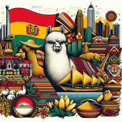 the essence of Bolivia, with vibrant colors and elements that represent the continent's diverse cultures, wildlife and landscapes. Incorporate iconic symbols such as traditional natural features. The style should be a harmonious mix of abstract and realistic imagery to convey a sense of the rich diversity of African heritage.