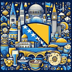 the essence of Bosnia with vibrant colors and elements that represent the continent's diverse cultures, wildlife and landscapes. Incorporate iconic symbols such as traditional natural features. The style should be a harmonious mix of abstract and realistic imagery to convey a sense of the rich diversity of African heritage.